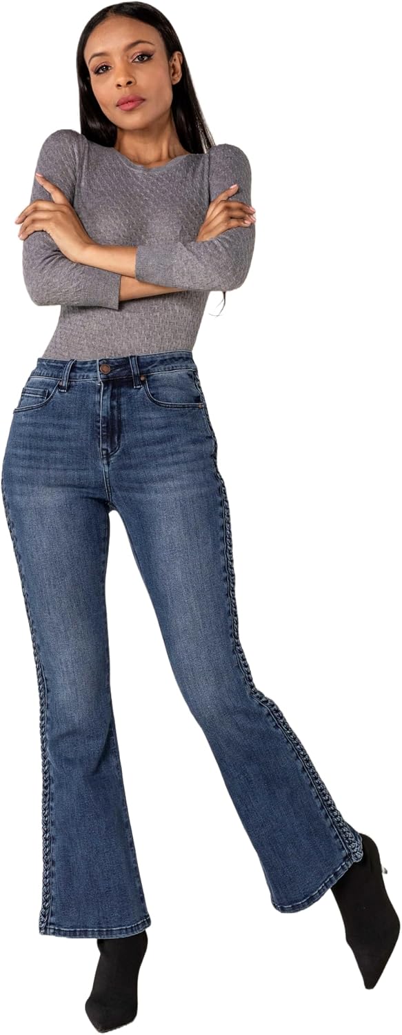 Nina Carter Q1897 Damen Bootcut Jeans im Retro-Stil HIGH Waist Stretchjeans Jeanshosen Used-Look Sch