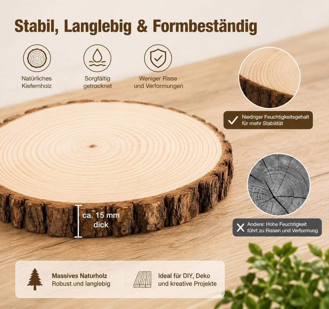 12er Set Holzscheiben 20 cm Durchmesser,Baumscheiben Naturholz mit Rinde,Runde Holzscheiben zum Bast