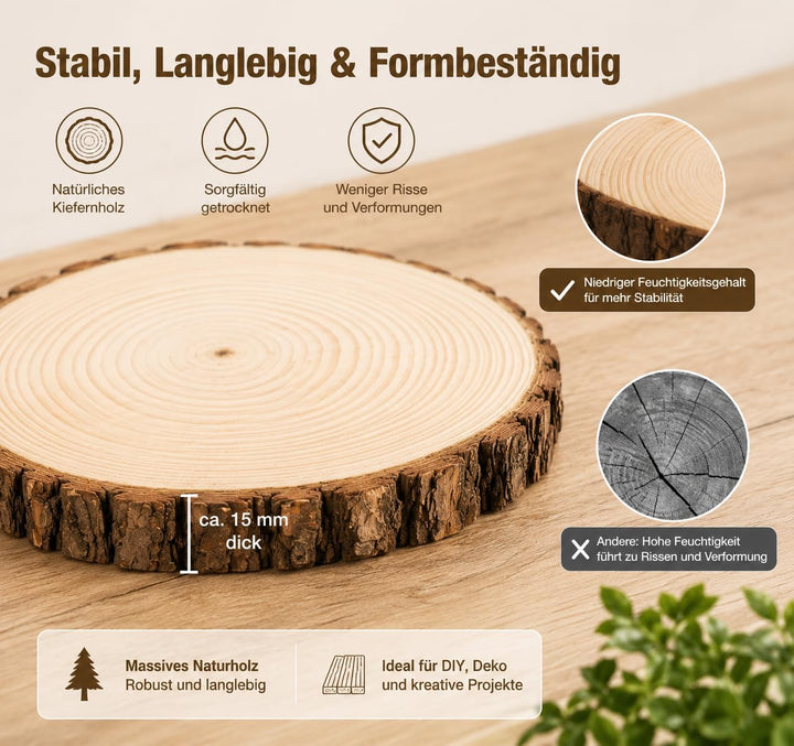 12er Set Holzscheiben 20 cm Durchmesser,Baumscheiben Naturholz mit Rinde,Runde Holzscheiben zum Bast