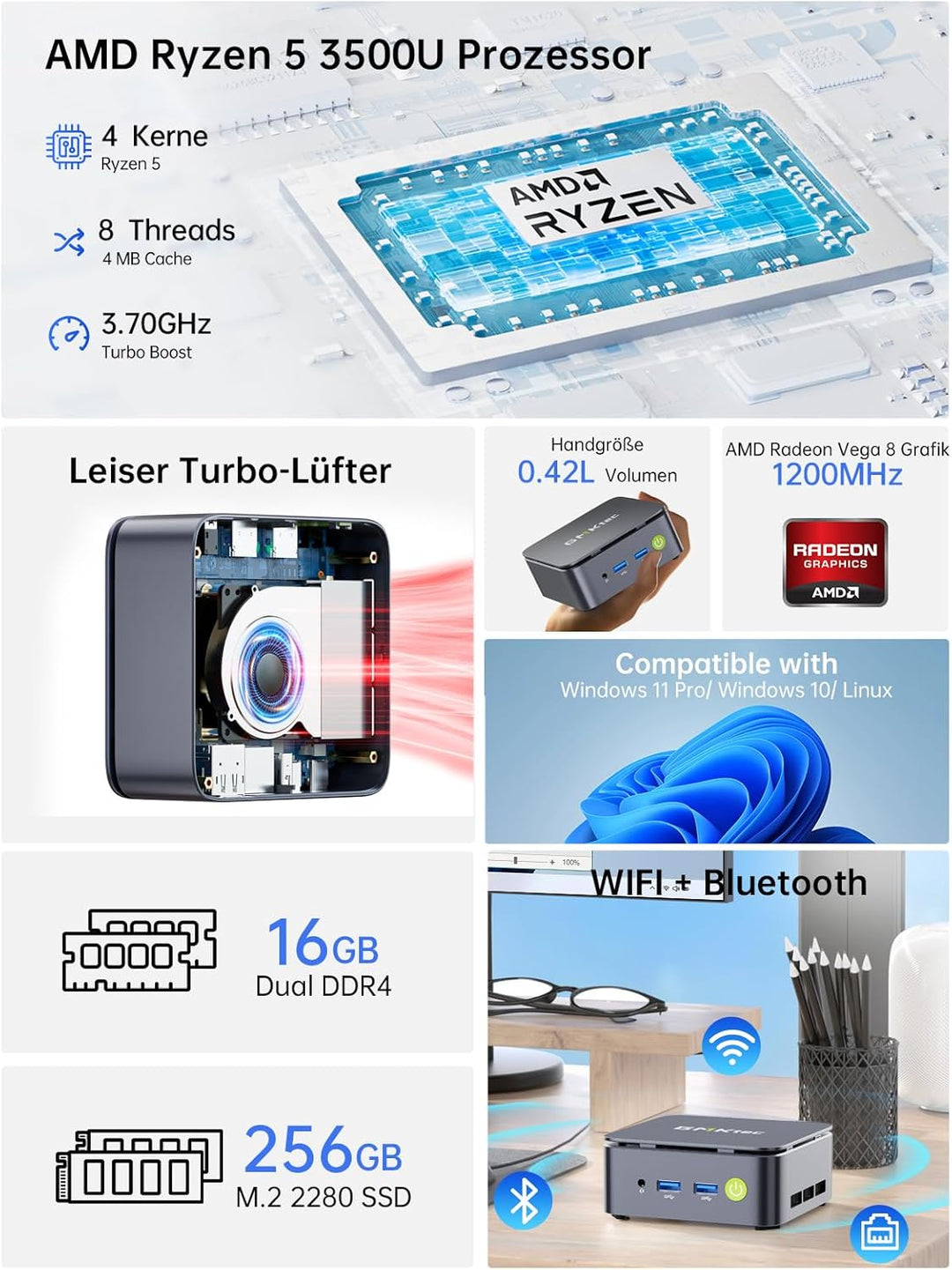 GMKtec Mini PC Ryzen 5 3500U (Beats N150/N95, bis zu 3.7GHz), 16 GB RAM 256GB M.2 SSD, Mini Desktop
