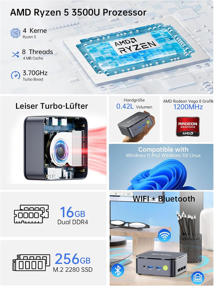 GMKtec Mini PC Ryzen 5 3500U (Beats N150/N95, bis zu 3.7GHz), 16 GB RAM 256GB M.2 SSD, Mini Desktop