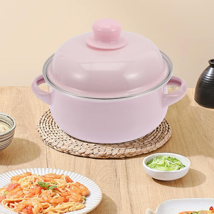 Lurrose Emaille Topf mit Deckel Schmortöpfe: Vintage Suppentopf Nudeltopf Fleischtopf Rosa 1100ml In