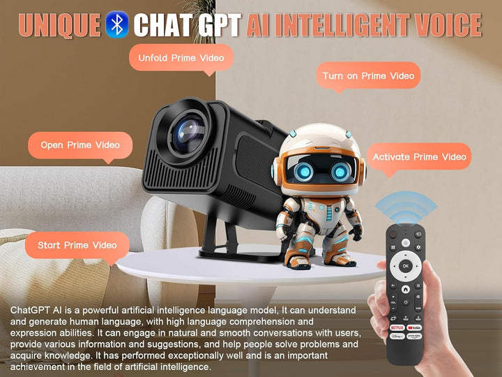 [Netflix Lizenziert] HY320 NTV Android 13 Smart Beamer mit Offiziellen TV Apps, ChatGPT Sprachassist
