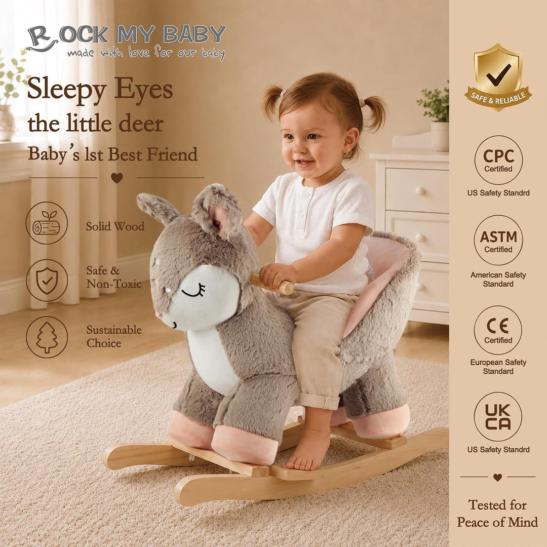 Plüsch Rocking Horse - weicher gefüllter Körper, Sicherheitssitz Stuhl, Holz Rockers, Musikknopf - K