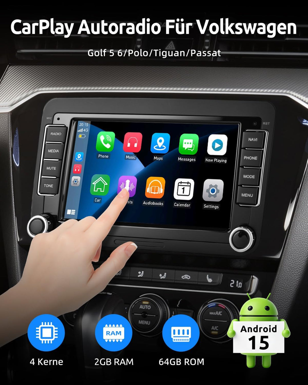 ESSGOO Android15 4+64G Wireless CarPlay Androidd Auto Autoradio Für VW Golf MK5 MK6 Polo Caddy Passa