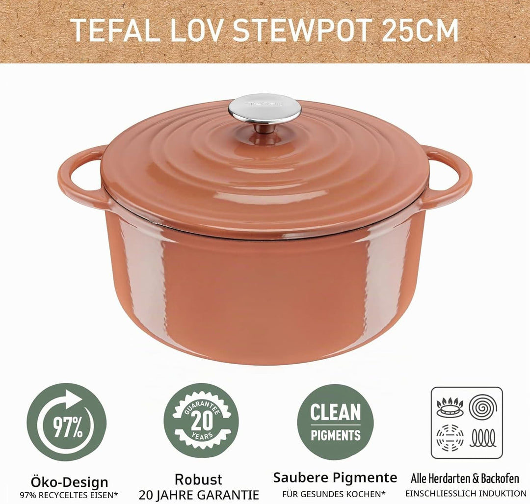 Tefal E26004 LOV Kochtopf 25 cm| wiedergewonnenes Gusseisen| optimale Wärmespeicherung| für alle Her