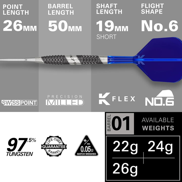 Target Darts 975 Ultra Marine 97.5% Wolfram Swiss Point Stahlspitze Dart Satz with K-Flex 22 g Barre