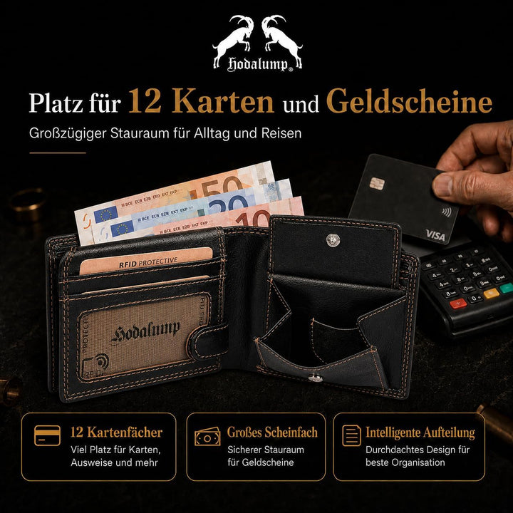 hodalump Echt-Leder Geldbörse • Geldbeutel für Damen und Herren mit RFID-Schutz • Portmonee mit Münz