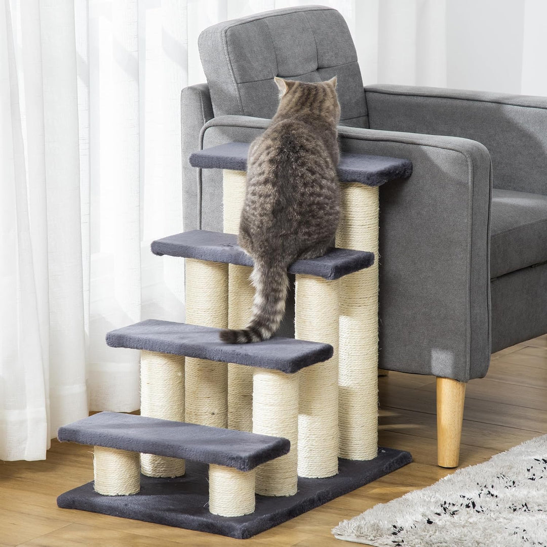 PawHut Tiertreppe Katzentreppe Hundetreppe 4 Stufen Treppe für Katze und Hunde Plüsch Grau 60 x 42 x