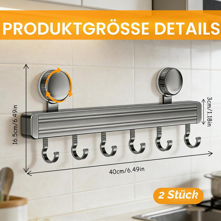 2 Stück Hakenleiste Küche ohne Bohren, Saugnapf Küchenstange aus Aluminiumlegierung, 6 bewegliche Ha