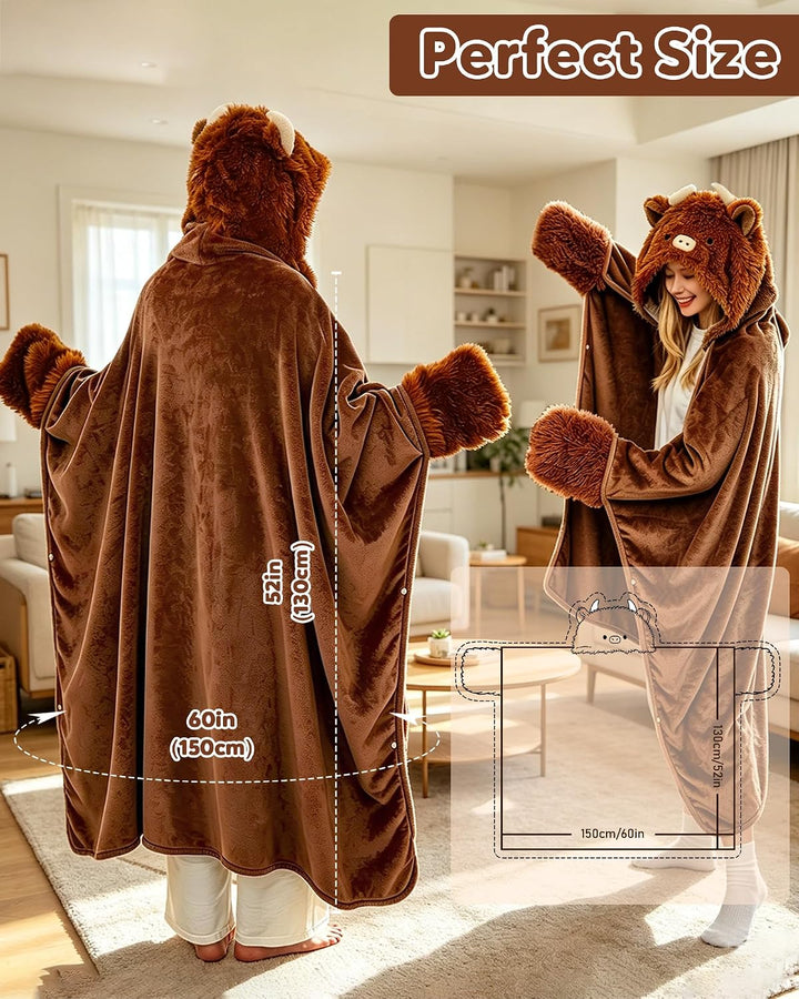 SQEQE Tragbare Decken mit Kapuze und Handschuhen Hoodie Decke Sofadecke Cartoon Kuscheldecke für Dam