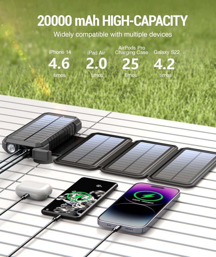 BLAVOR Solar Powerbank 20000mAh Tragbare Solar Ladegerät mit 4 Solarpanels, Outdoor wasserfester ext