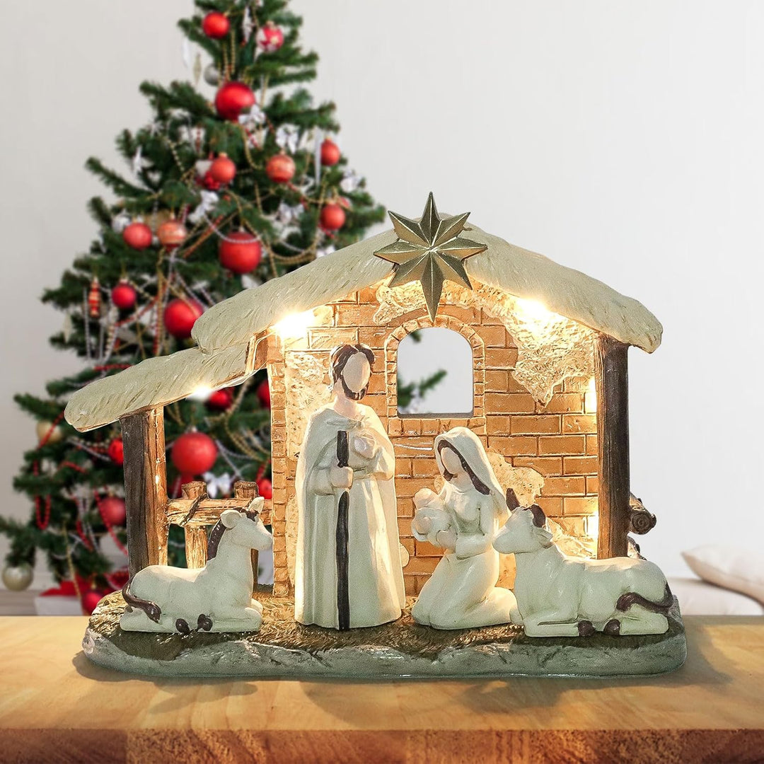 Topsky Krippenfiguren Set – Weihnachtskrippe mit Beleuchtung, 5pcs Krippenset Handbemalt – Weihnacht