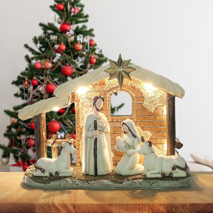 Topsky Krippenfiguren Set – Weihnachtskrippe mit Beleuchtung, 5pcs Krippenset Handbemalt – Weihnacht