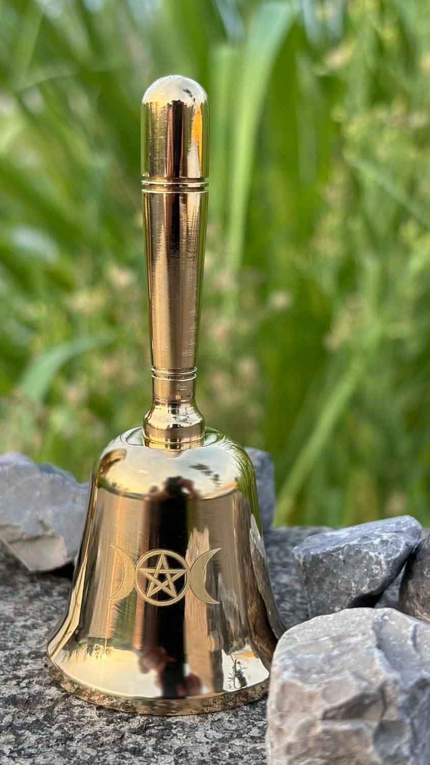 Mini Messing Altarglocke und Altarkelch, Dreifachmondgöttin und Pentagramm Wiccan Zubehör und Werkze