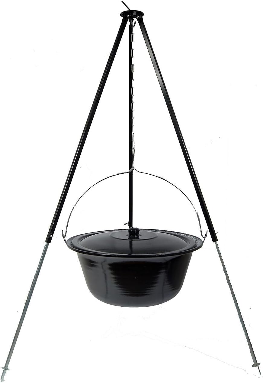 troph-e-shop Set Gulaschkessel 30 L mit Deckel Emaille und Dreibein Teleskop 90-145 cm