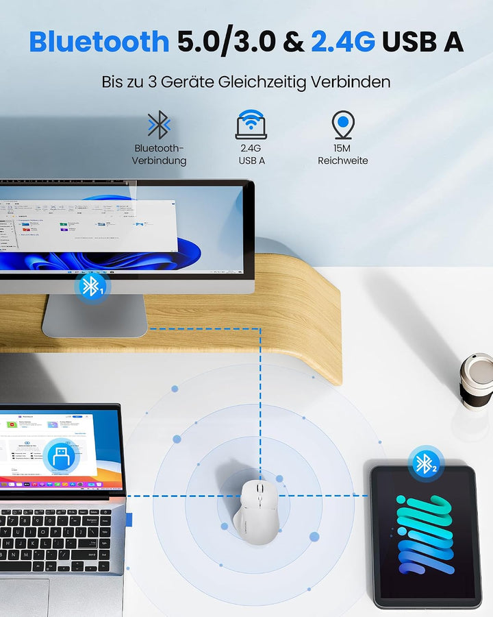 TECKNET Bluetooth Maus Wiederaufladbar, Ergonomische Daumenauflage | Tri-Modi: BT5.0/3.0 + 2.4G, 480