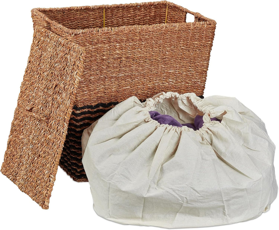 Relaxdays Wäschekorb mit Deckel, aus Seegras, Baumwoll-Wäschesack 87L, HxBxT: 50x50x40 cm, Wäschebeh