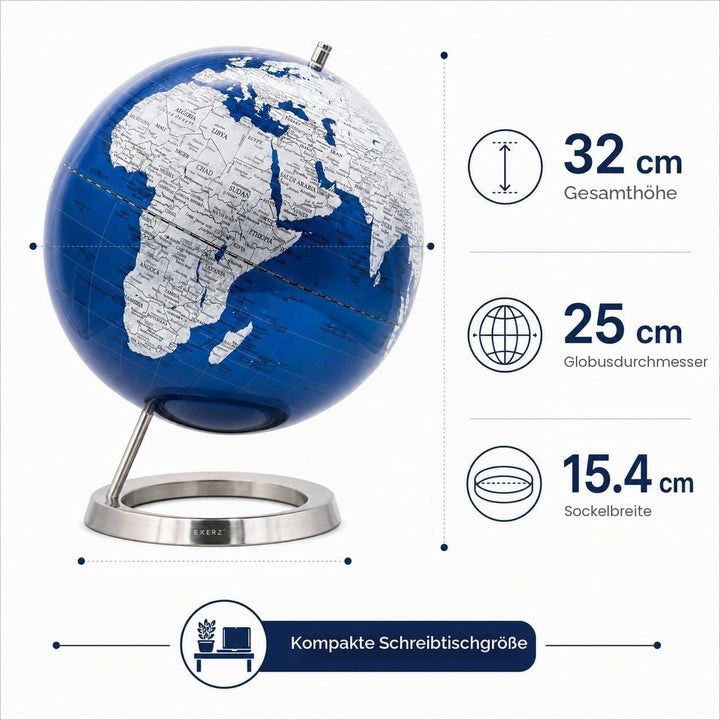 EXERZ Schülerglobus 25cm Globus Metallisches Blau mit einem Rostfreier Stahl in Englischer Sprache -