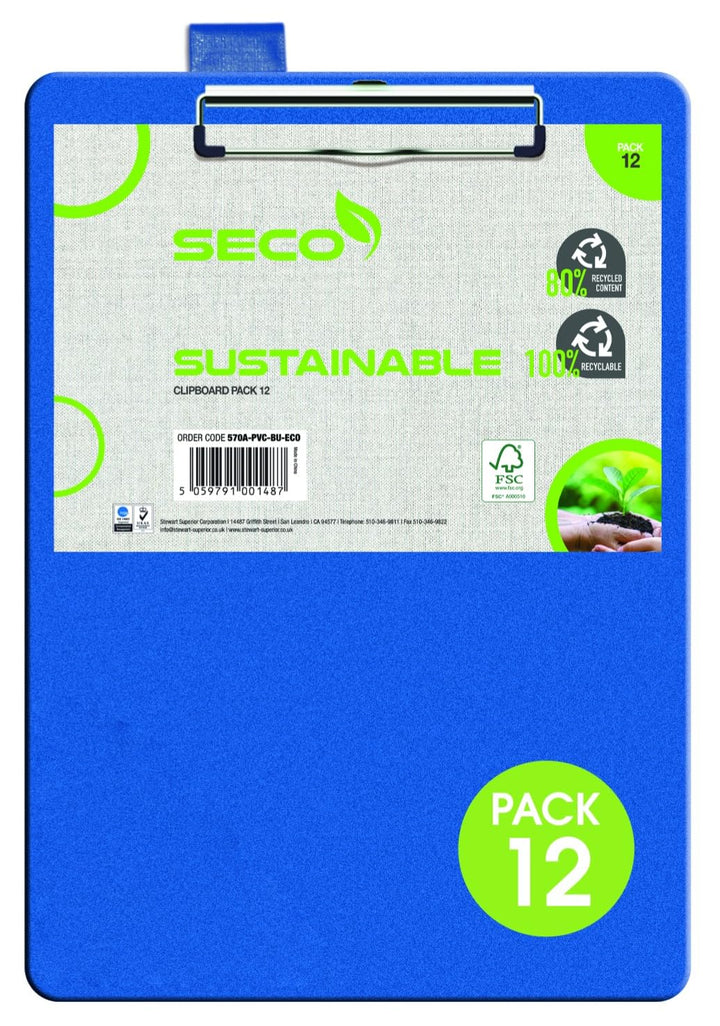 SECO Superior A4+ PVC beschichtetes Klemmbrett mit Hochleistungsklammer - Blau (12er Pack) blau 12er