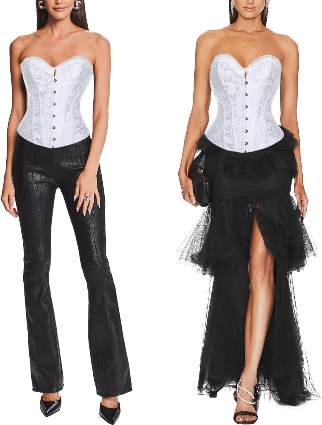 SLIMBELLE Damen Vintage Überbrust Korsett Klassische Bustier Stahlknochen Lace Up Sexy Top mit G-Str