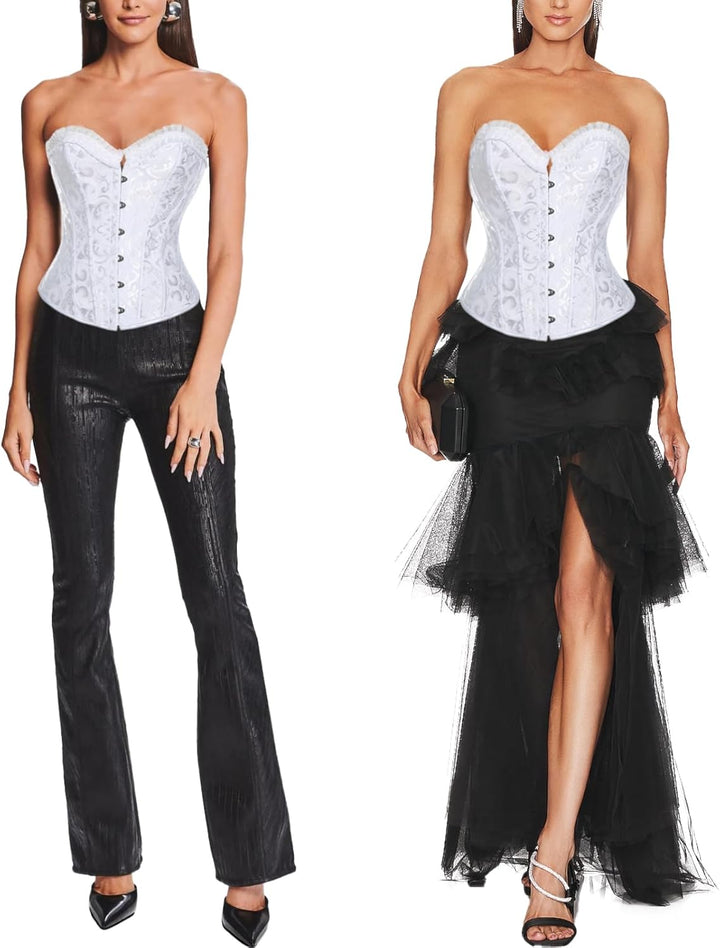 SLIMBELLE Damen Vintage Überbrust Korsett Klassische Bustier Stahlknochen Lace Up Sexy Top mit G-Str