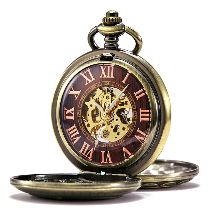 TREEWETO Unisex Taschenuhr mit Kette Analog Handaufzug Antik Skelett Römische Ziffern (Bronze054)
