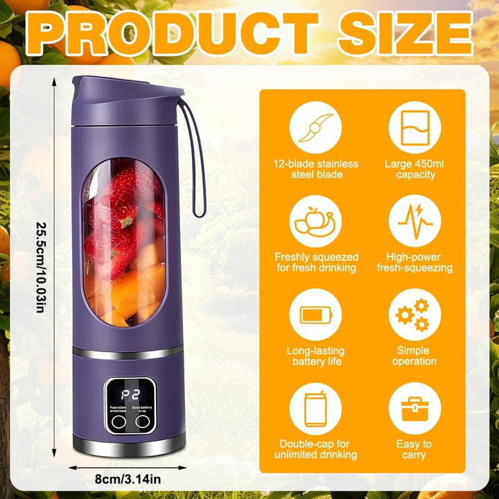 Mixer Smoothie Maker To Go, 450ML Tragbarer Mixer, 1500mAh Portable Blender mit LED 12 Klingen, Mini