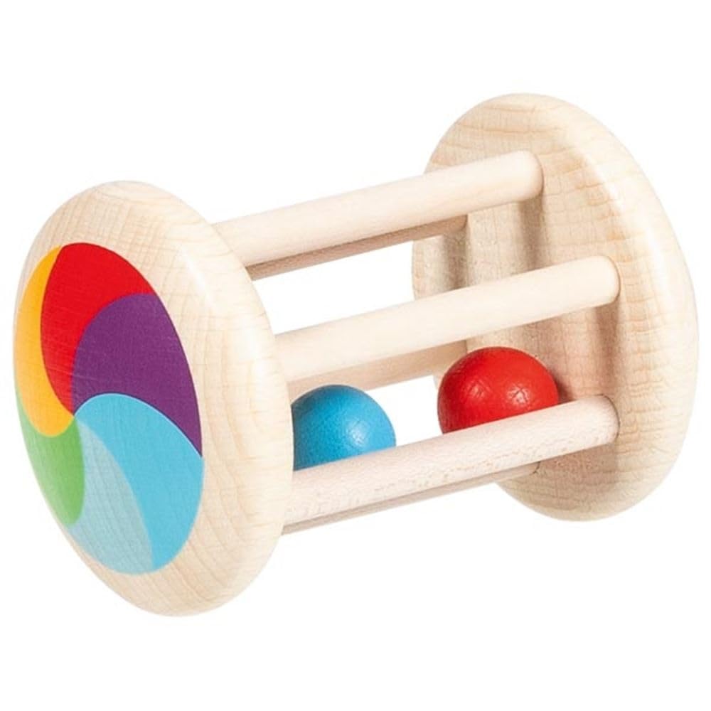 goki 65348 Käfigrassel Regenbogen – Babyrassel aus Holz mit bunten Kugeln – Made in Germany