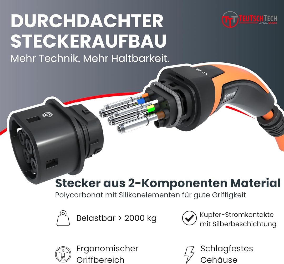 TEUTSCHTECH, EV Ladekabel orange I 5M I TYP2 - TYP2 I 11kW I 3X16A I 3-phasig I Mit Lade- Temperatur