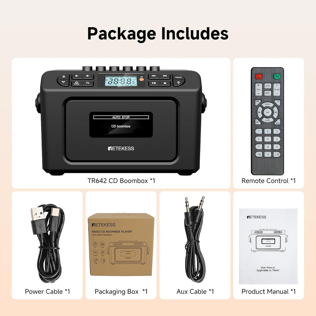 Retekess TR642 CD Player mit Kassette, Boombox Kassettenspieler, AM FM Radio, Drahtlose Verbindung,