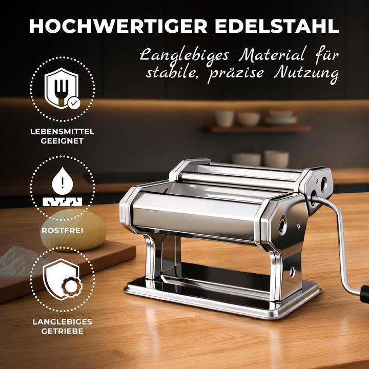Allyson® Nudelmaschine Manuell Edelstahl – Pastamaschine mit 9 Einstellbaren Stärken &amp; Tischklemme –