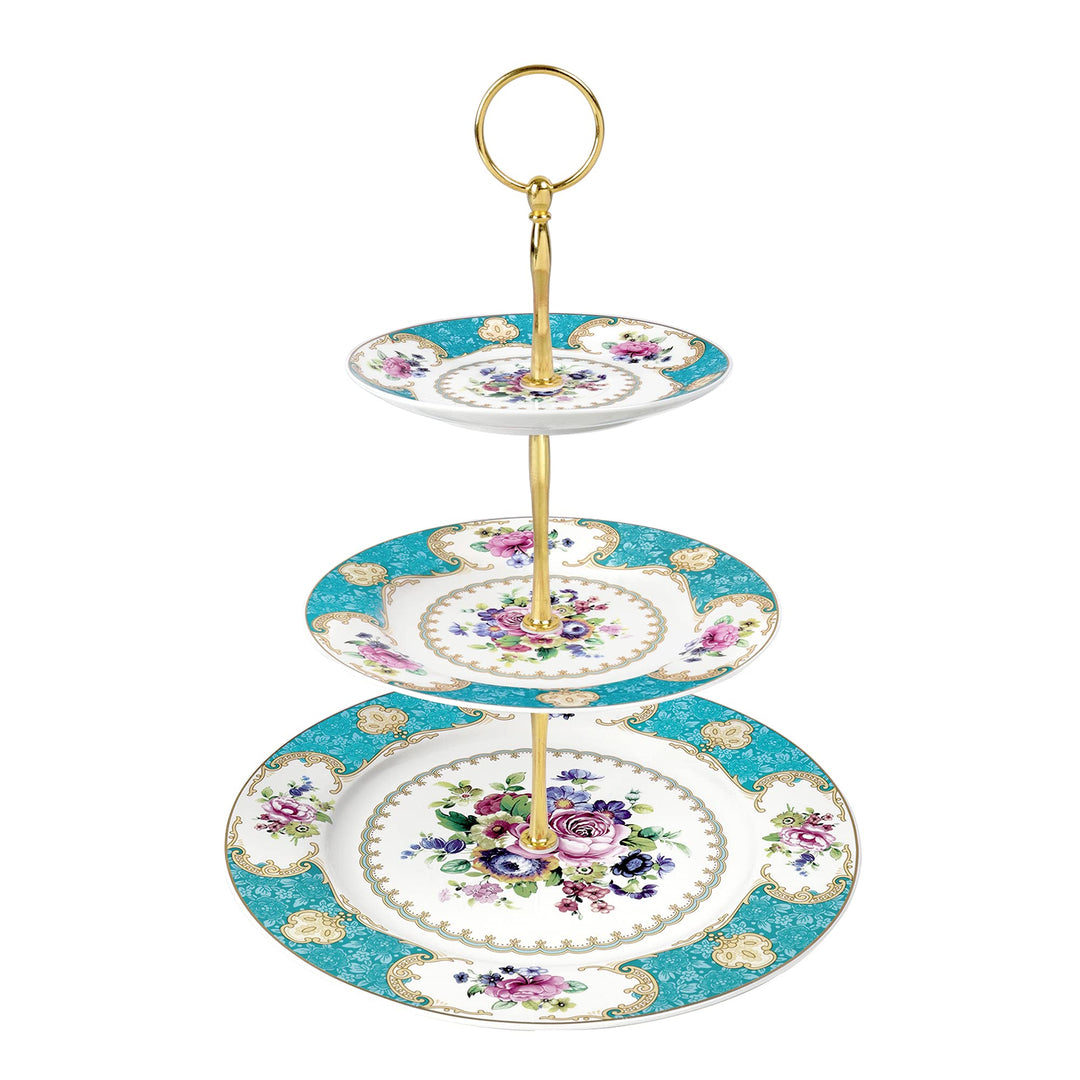 fanquare 3 Stufig Porzellan Tortenständer, Blau Blumen Vintage Cupcake Ständer, Anzeigeturm Tablett