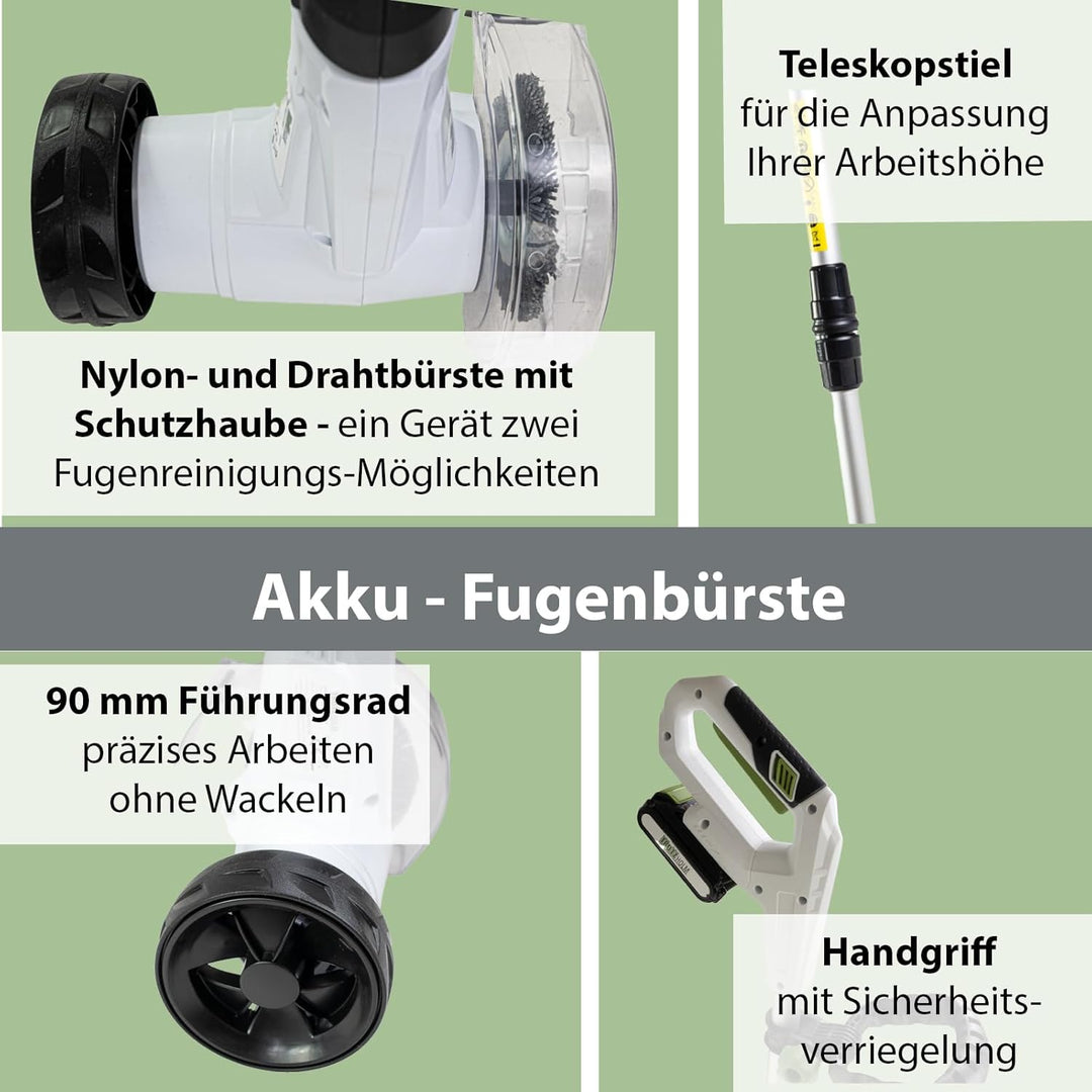 TRUTZHOLM Akku Fugenreiniger 20V inkl. Akku 2.0Ah wechselbare Fugenbürsten Teleskopstiel
