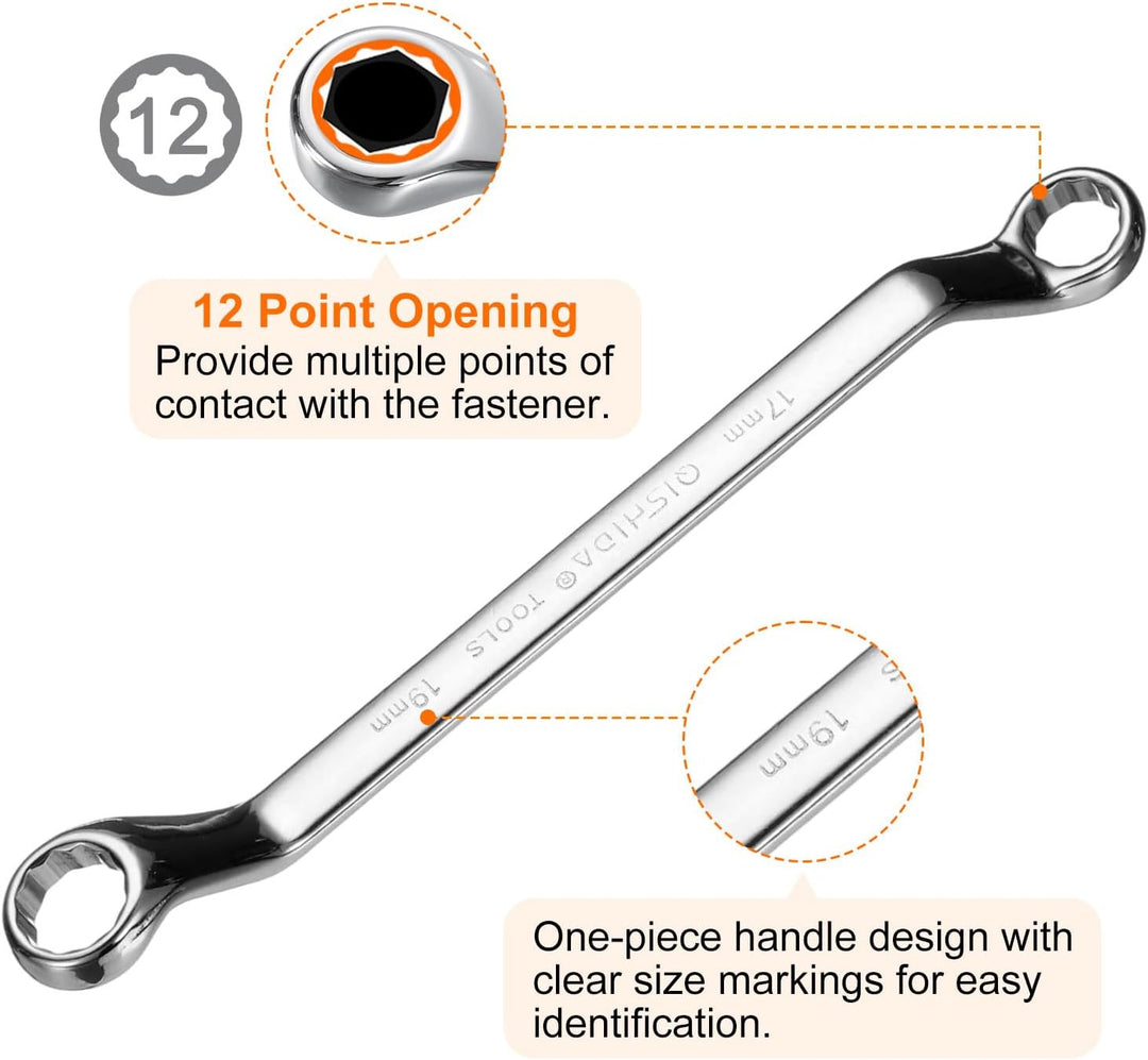 QUARKZMAN 2 Stück 45-Grad-Offset-Ringschlüssel 17mm x 19mm Metrisch 12-Punkt Spiegelverchromter Legi