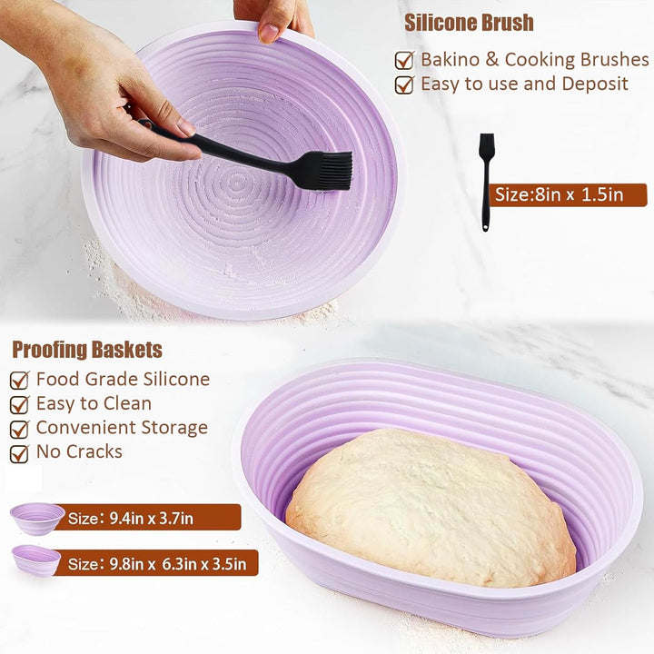 Brotgärkorb -Set- aus Silikon, Gärkörbchen zum Brotbacken (23cm Rund und 25cm Gärkörbchen oval),Brot
