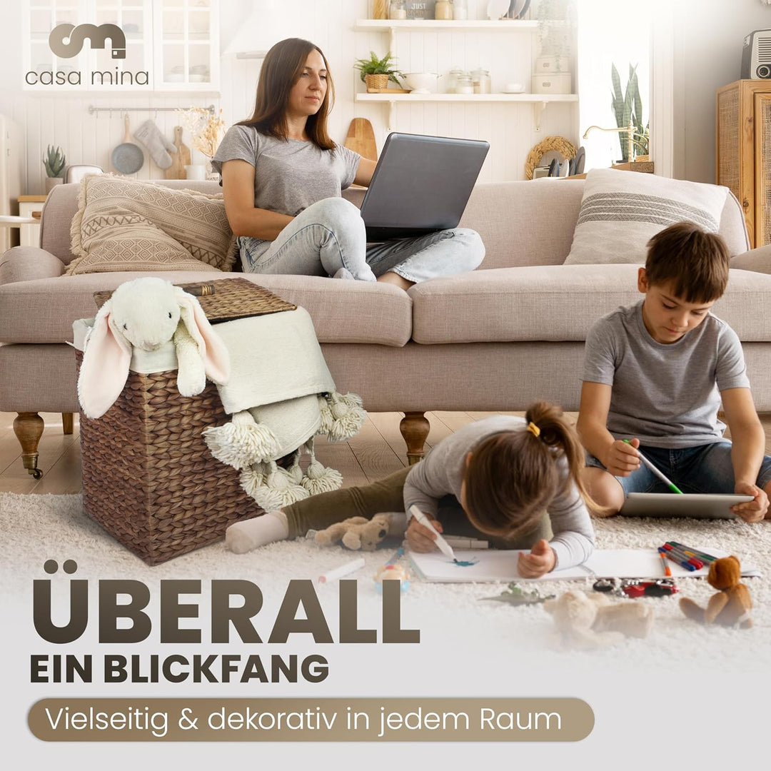 Casa Mina® Wäschekorb mit Deckel 39 x 30 x 50cm hoch I Atmungsaktiver Wäschekorb geflochten aus 100%