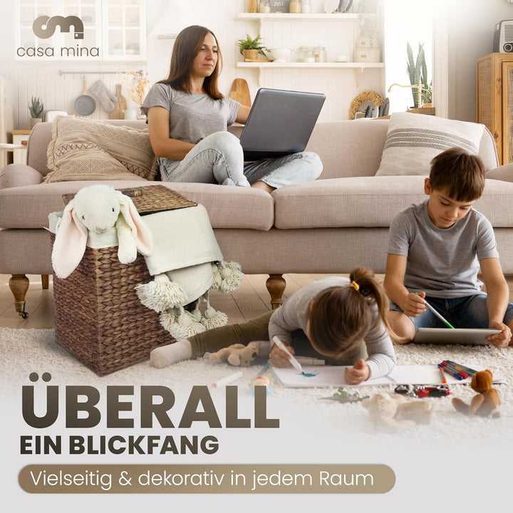 Casa Mina® Wäschekorb mit Deckel 44 x 34 x 54cm hoch I Atmungsaktiver Wäschekorb geflochten aus 100%