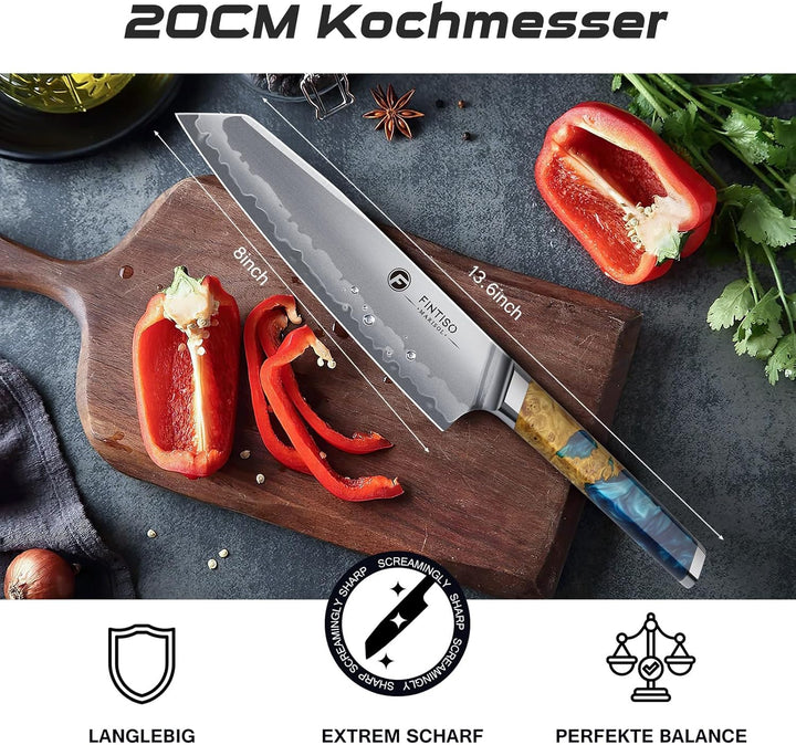 FINTISO Kochmesser, 20CM Japanisches Küchenmesser Aus S35VN Pulverstahl Mit 7-Lagigem Verbundstahl,