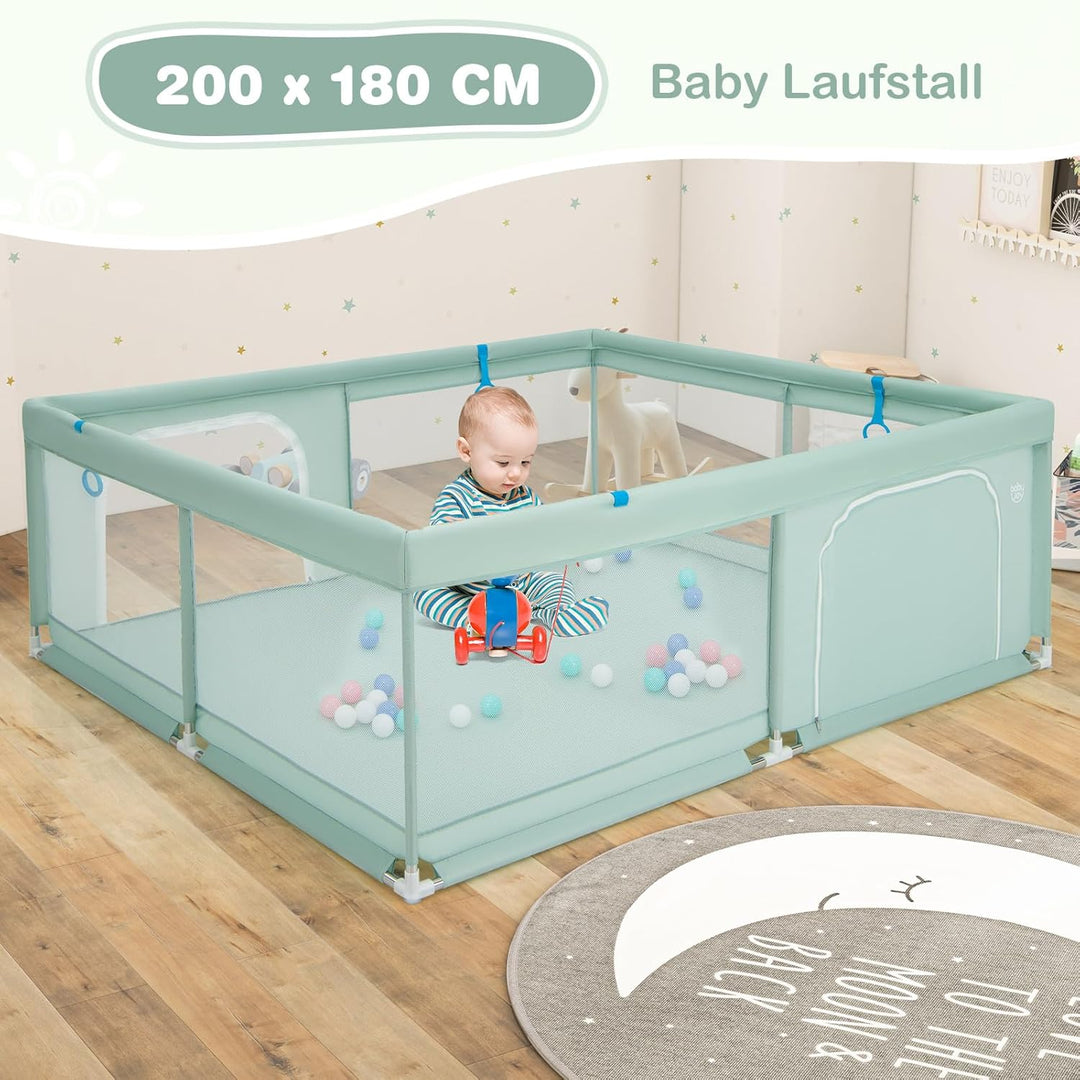 GOPLUS 200x180cm Baby Laufstall, Laufgitter mit Matratze, 4 Handringe & 50 Spielbällen, Krabbelgitte