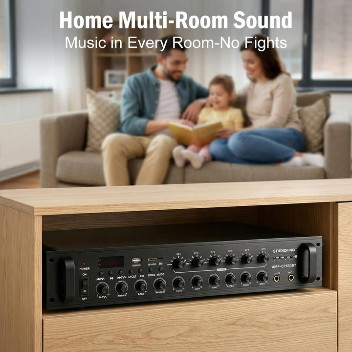 STUDIOFINIX Gewerblicher Bluetooth-Verstärker 650W 6 Zonen 70V, 2U Rack-Einbau, 3 Mikrofoneingänge m