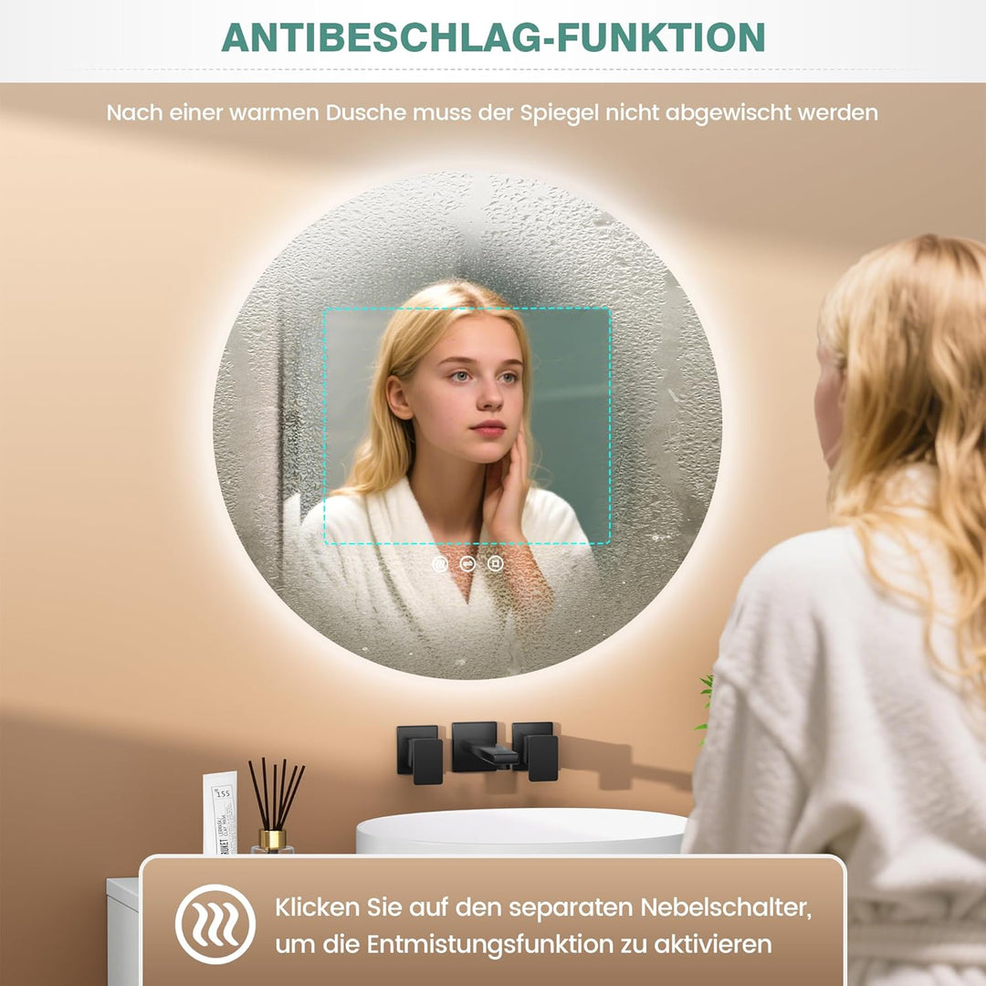 Runder Badspiegel mit Beleuchtung, 3 Lichtfarben, Dimmbar, Touch-Schalter, 70cm Badezimmer Spiegel m