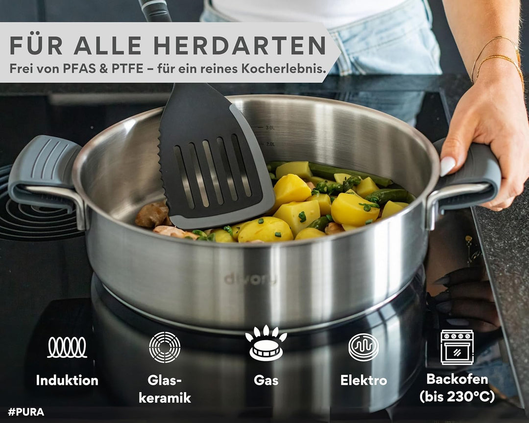 Schmorpfanne 28cm – Hohe Edelstahl Servierpfanne unbeschichtet & ohne PTFE/PFOA, Schmortopf mit Deck