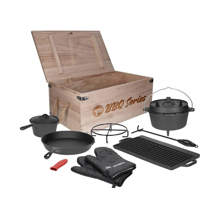 TALK-POINT TP Premium BBQ Set, Dutch Oven 9-teilig, Feuer-Topf, Bräter, Brat-Pfanne aus Gusseisen, K