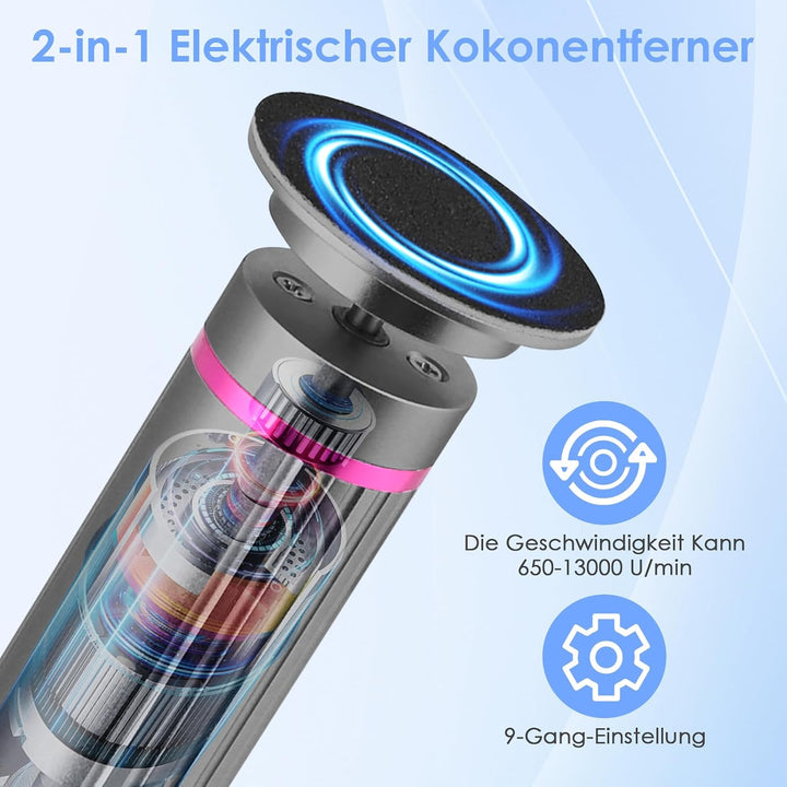 2-in-1 Elektrischer Hornhautentferner mit Nagelfräser, 9 Geschwindigkeiten, LED-Batterieanzeige, Wie