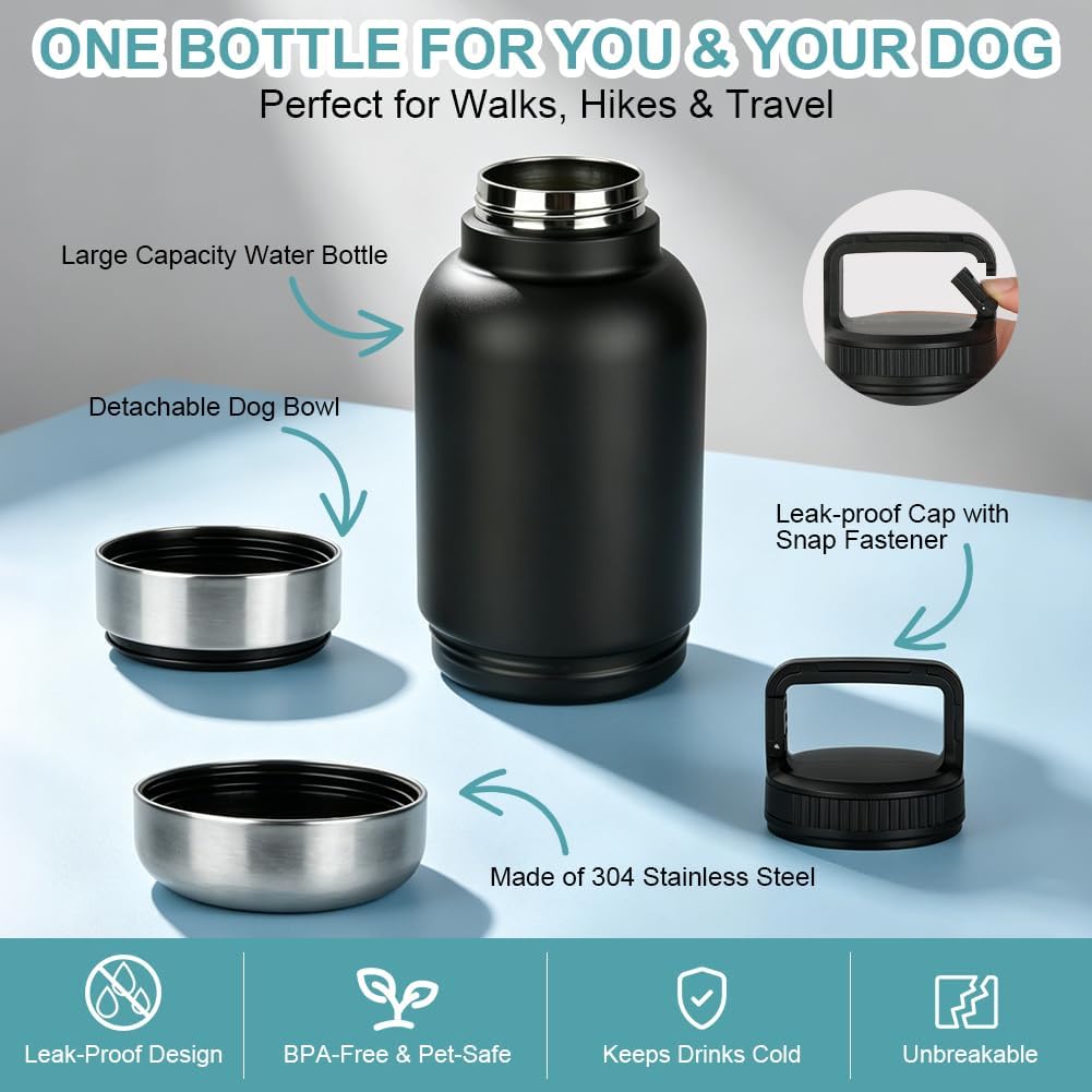 HOTUT Trinkflasche Hunde für Unterwegs 1000ml, 3 in 1 Wasserflasche mit 2 Futternapf, Isolierte Edel