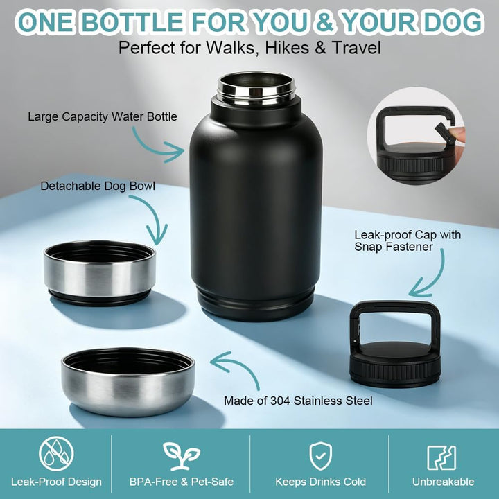 HOTUT Trinkflasche Hunde für Unterwegs 1000ml, 3 in 1 Wasserflasche mit 2 Futternapf, Isolierte Edel