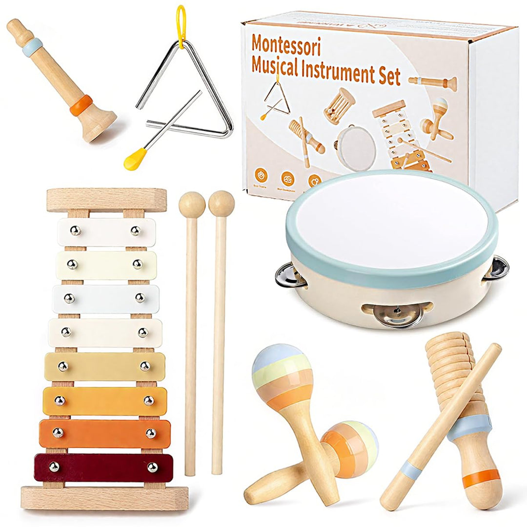 8-in-1 Montessori Musikinstrumente Kinder ab 1 Jahr, Holzspielzeug mit Xylophon, Trommel, Triangel,