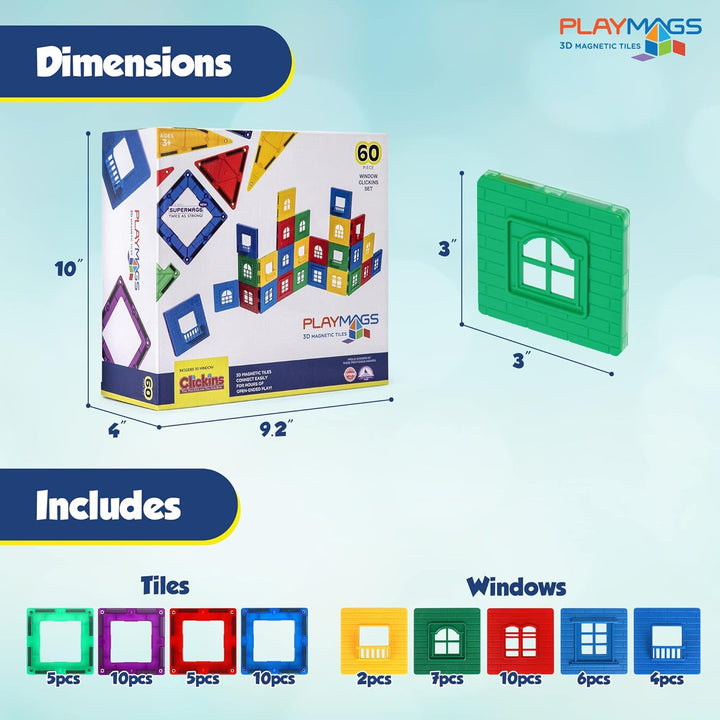 Playmags 60 PC 3D Magnetic Fliesen Gebäude Spielset: Durable Gebäude Set enthält 30 Fensterrahmen un