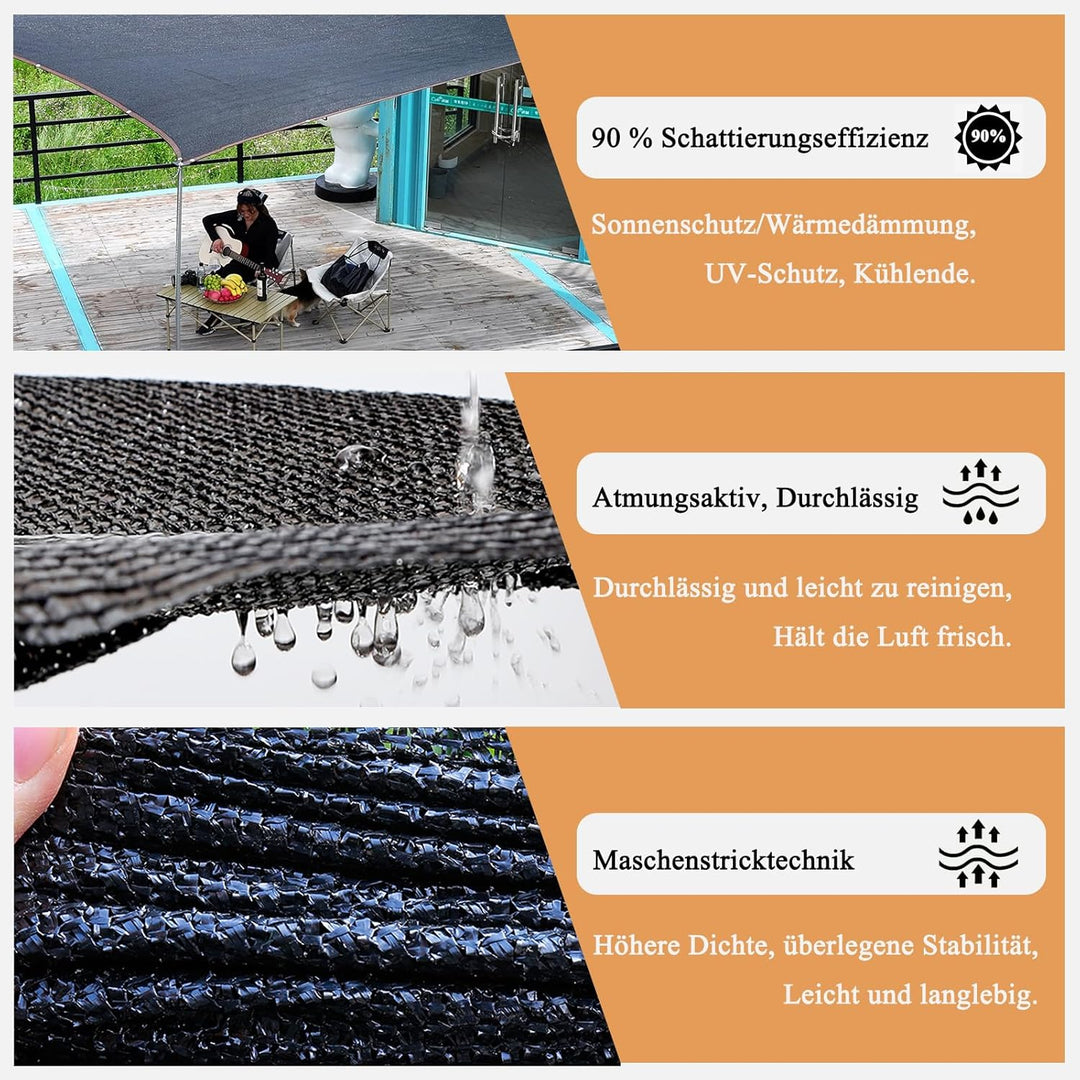 Schattierungsnetz Schattennetz mit ösen, 90% Schattiernetz Gewächshaus, Schwarz Schattentuch, Sonnen